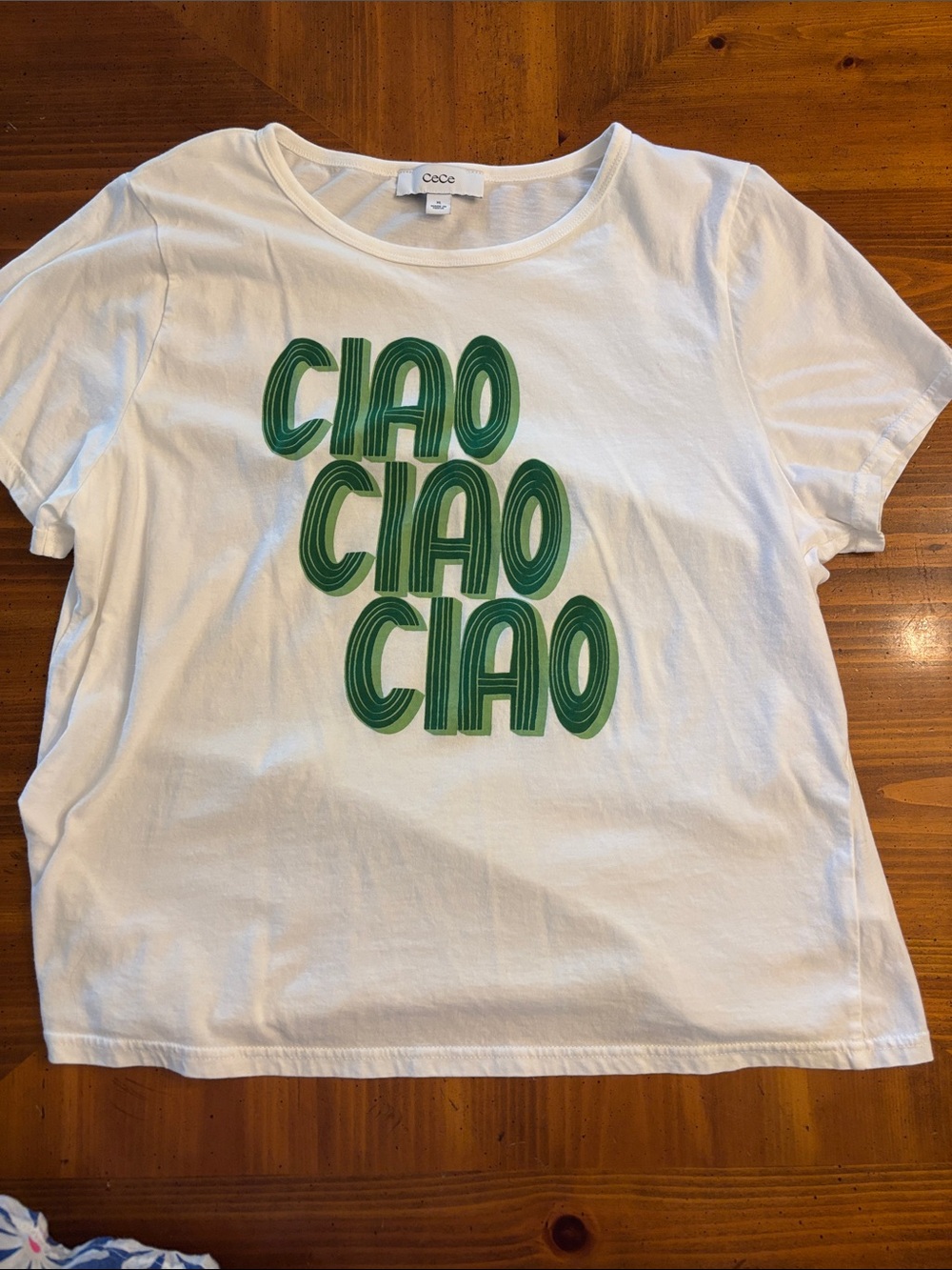 CeCe White Tee with Green 'CIAO' Graphic